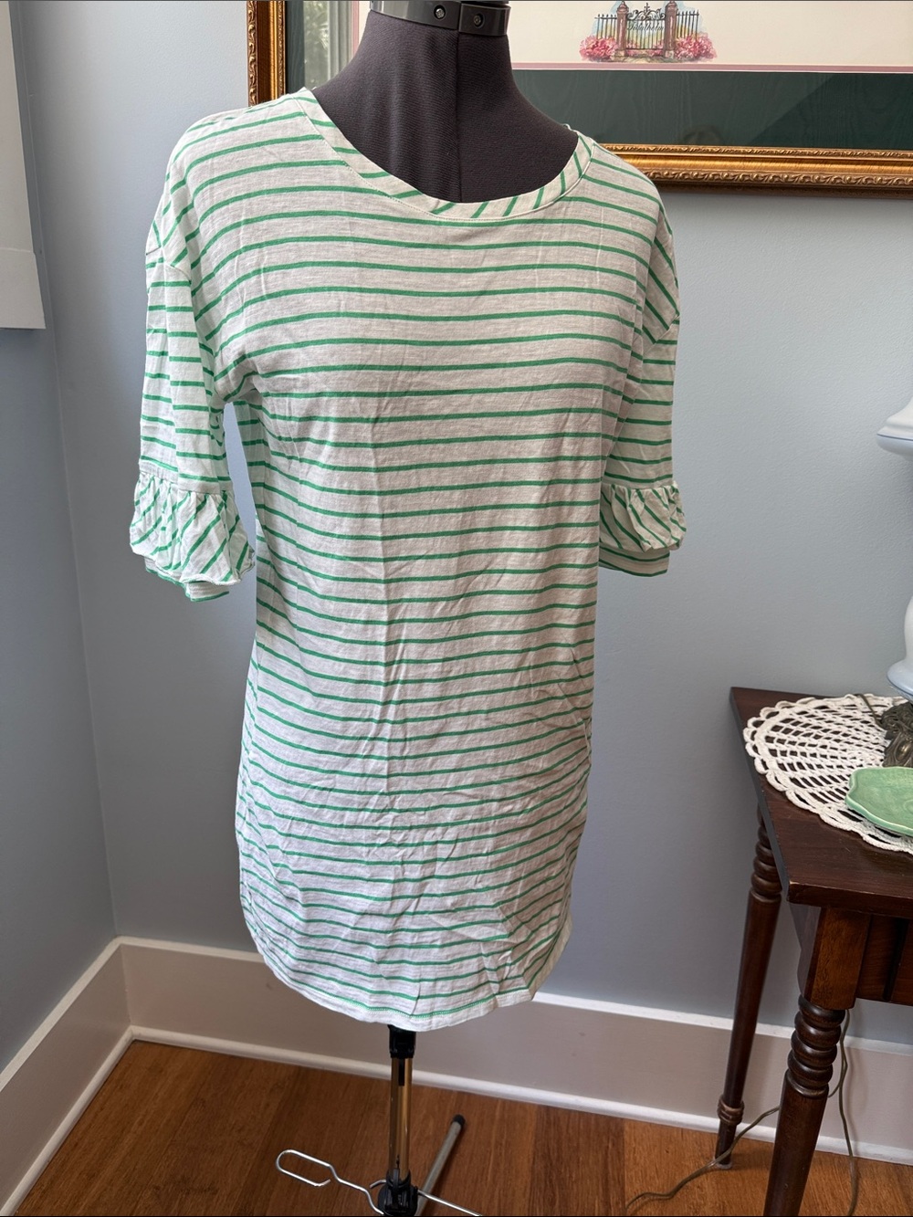 Matilda Jane Women's Green &White Striped Ruffle Sleeve Dress